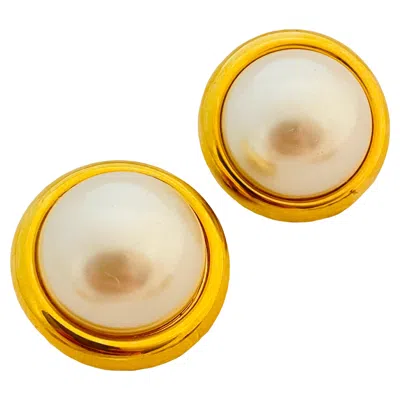 Pre-owned Anne Klein Vtg  Gold Pearl Clip On Earrings Designer Runway In Multi