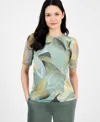 Anne Klein Petite Floral-print Curved-hem Bateau-neck Blouse In Soft Aloe Multi