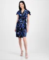 Anne Klein Abstract Print Flutter Sleeve Wrap Dress In Santorini Blue Multi