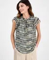 Anne Klein Women's Abstract-print Split-neck Flutter-sleeve Top In Anne Black Mult