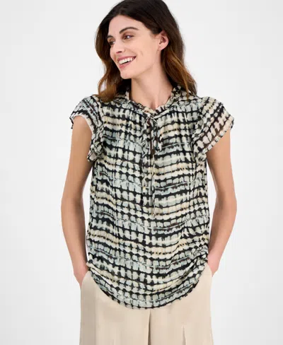 Anne Klein Women's Abstract-print Split-neck Flutter-sleeve Top In Anne Black Mult