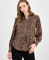 Anne Klein Leopard Print Satin Button-up Shirt In Brown