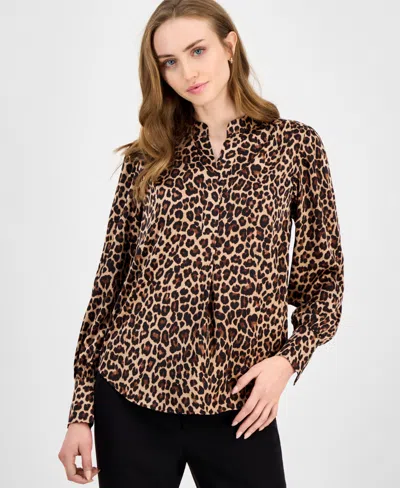 Anne Klein Women's Animal-print Pleated V-neck Blouse In Brown