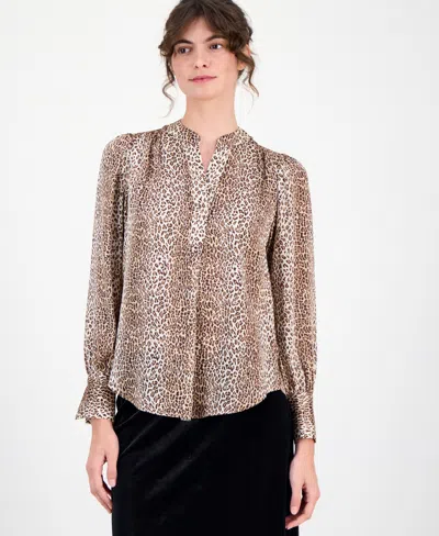 Anne Klein Women's Animal-print Split-neck Blouse In Gray