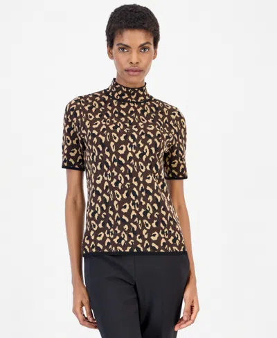 Anne Klein Animal Jacquard Short Sleeve Sweater In Brown