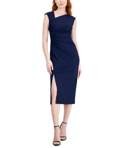 Anne Klein Women's Asymmetric-neck Sleeveless Midi Dress In Midnight N