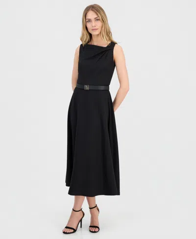 Anne Klein Women's Asymmetric-neck Belted Midi Dress In Black