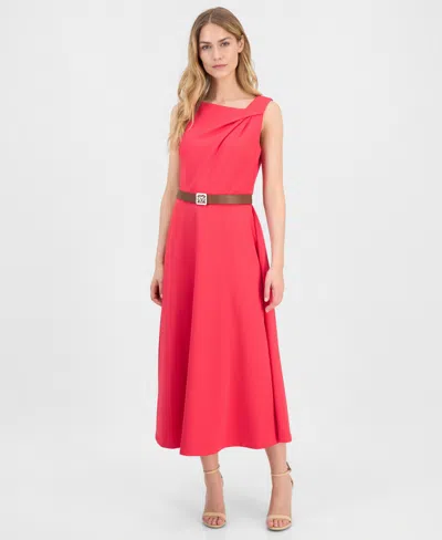 Anne Klein Pleated Asymmetric Belted Dress In Pink