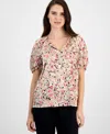 Anne Klein Abstract Print Puff Sleeve Top In Latte Multi