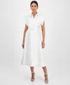 Anne Klein Belted Linen Blend Midi Shirtdress In Bright White