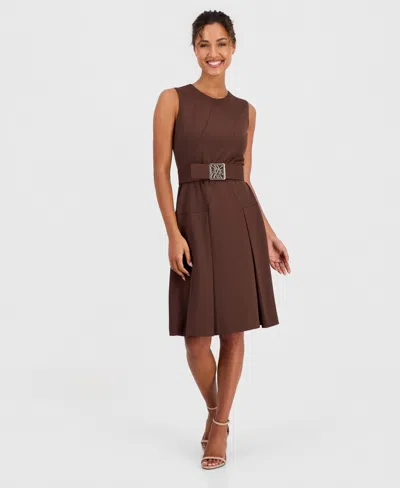 Anne Klein Women's Belted Sleeveless Fit & Flare Dress In Molasses