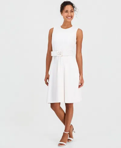 Anne Klein Women's Belted Sleeveless Fit & Flare Dress In White Dove