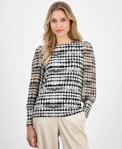 Anne Klein Women's Bishop-sleeve Printed Bateau-neck Top In Anne Black Multi