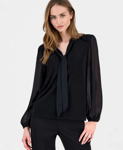 Anne Klein Women's Blouson-sleeve Tie-neck Blouse In Black