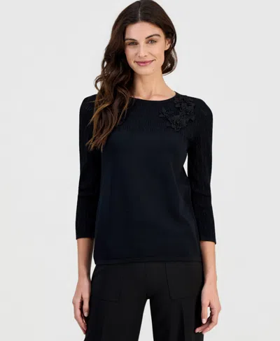 Anne Klein Women's Boat-neck Pointelle-stitch-yoke Sweater In Black