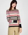 Anne Klein Stripe Button Cuff Sweater In Coffee Cream Multi