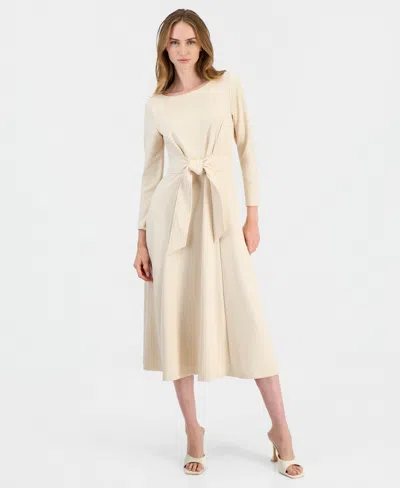Anne Klein Women's Boat-neck Tie-waist A-line Midi Dress In Neutral