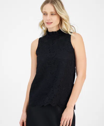 Anne Klein Women's Bow-back Ruffled-neck Sleeveless Lace Blouse In Anne Black