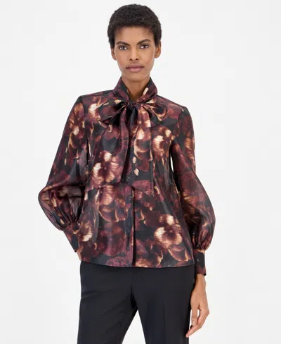 Anne Klein Women's Bow Neck Long Sleeve Floral Blouse In Brown