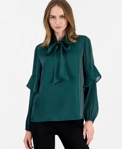 Anne Klein Women's Bow Tie Long-sleeve Ruffle Blouse In Green