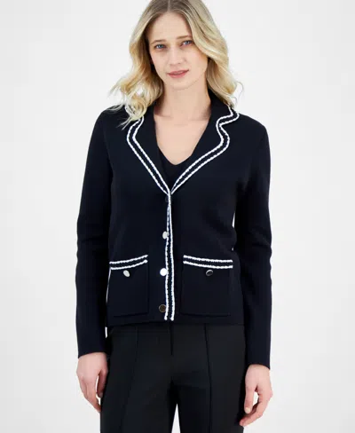 Anne Klein Women's Braided-trim Notched-collar Cardigan Sweater In Anne Black