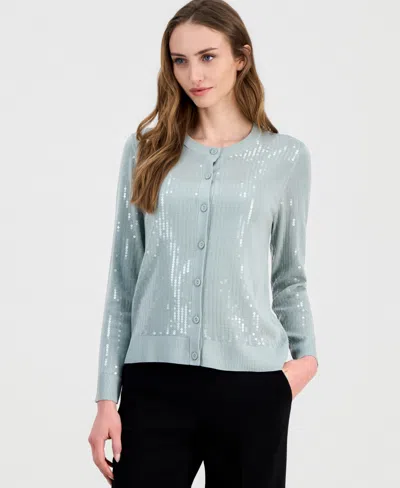 Anne Klein Women's Button-front Sequin Cardigan In Blue