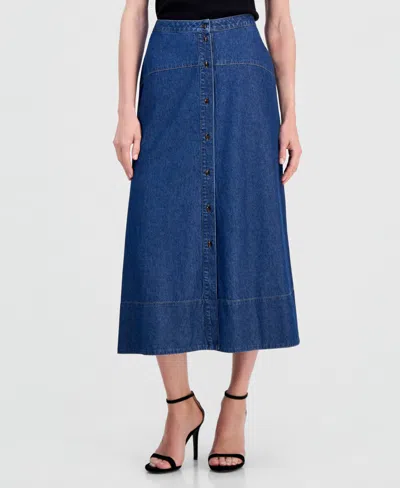 Anne Klein Womens Button Front Denim Midi Skirt In Blue