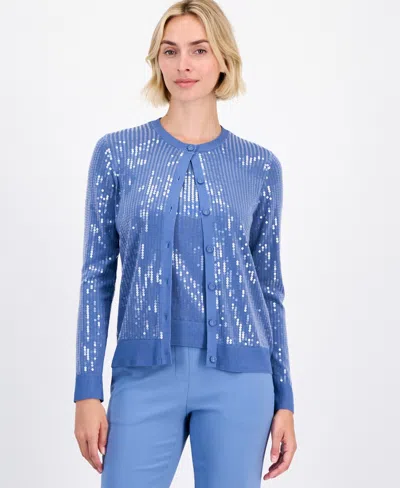 Anne Klein Women's Button-front Sequin Cardigan In Blue