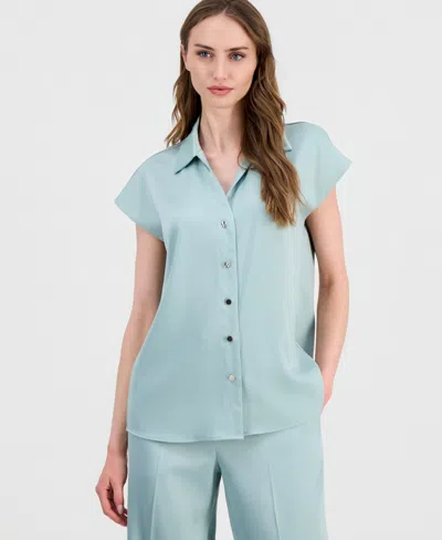 Anne Klein Women's Cap-sleeve Pleated-back Shirt In Blue
