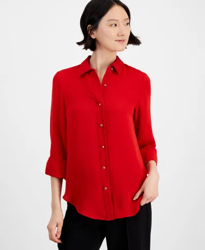 Anne Klein Women's Chain-trim Roll-sleeve Shirt In Poppy