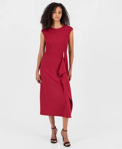 Anne Klein Women's Cocktail Fitted Cascade Ruffle Midi Dress In Burgundy