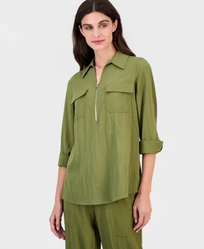Anne Klein Women's Collared Half-zip Roll-tab Shirt, Regular & Petite In Bay Leaf