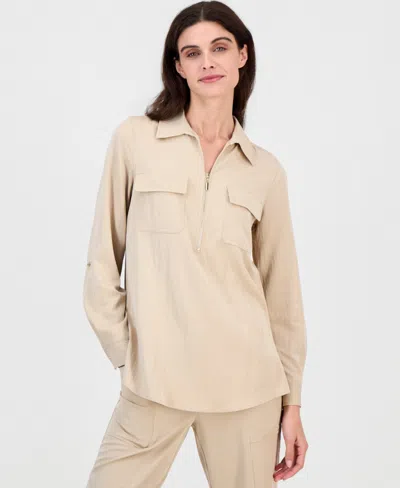 Anne Klein Women's Collared Half-zip Roll-tab Shirt, Regular & Petite In Safari
