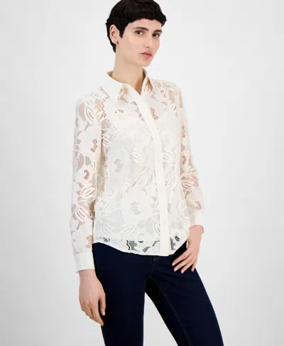 Anne Klein Button-down Blossom Lace Shirt In Neutral