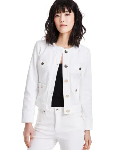 Anne Klein Women's Collarless Denim Jacket In Soft White