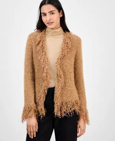 Anne Klein Fring Open Front Cardigan In Brown