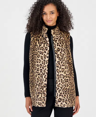 Anne Klein Women's Combo Snap Front Leopard-print Faux Fur Vest In Animal Print
