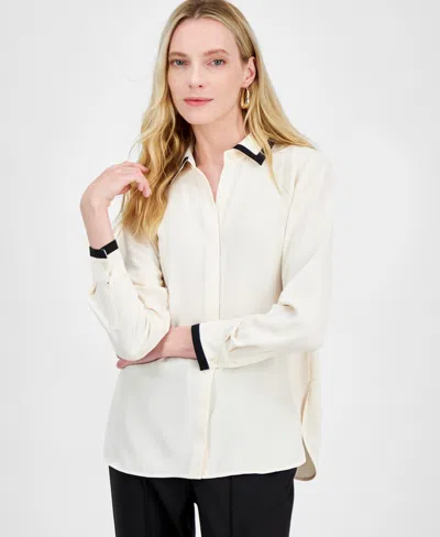 Anne Klein Women's Contrast-trim Button-front Blouse In Anne White