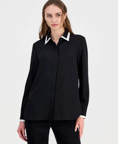 Anne Klein Women's Contrast-trim Long-sleeve Blouse In Black