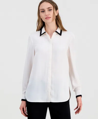 Anne Klein Women's Contrast-trim Long-sleeve Blouse In White