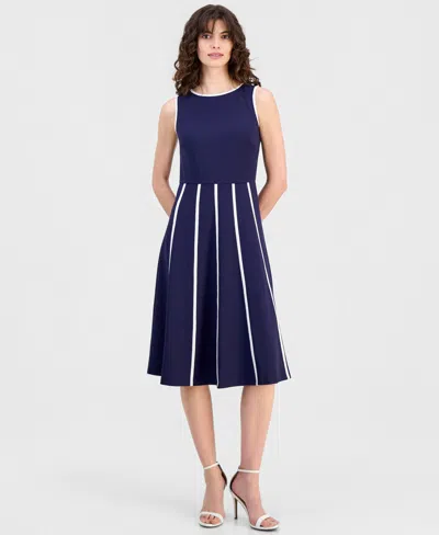 Anne Klein Women's Contrast-trim Sleeveless Fit & Flare Dress In Blue