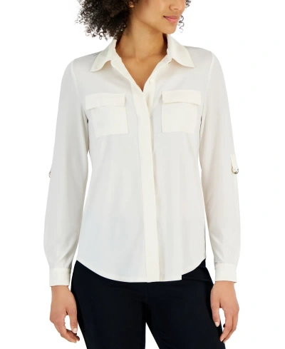 Anne Klein Women's Convertible-sleeve Utility Shirt In Anne White