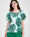 Anne Klein Womens Printed Eyelet Embroidered Cotton Blouse Pull On Wide Leg Ankle Pants In Green