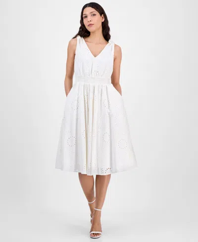 Anne Klein Women's Cotton Eyelet Sleeveless Fit & Flare Dress In Pearl White