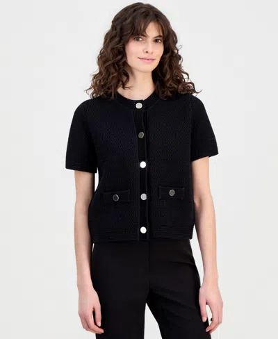 Anne Klein Women's Cotton Open-knit Button-front Cardigan In Black