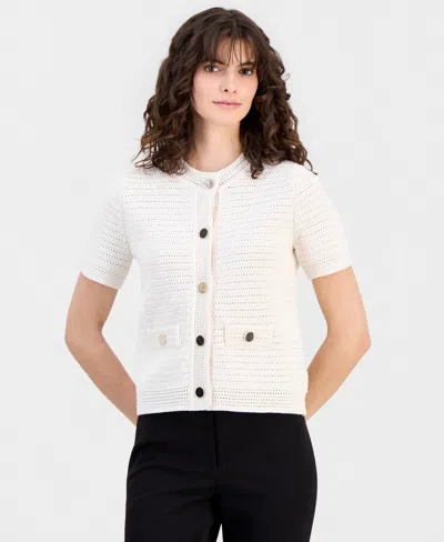 Anne Klein Women's Cotton Open-knit Button-front Cardigan In White
