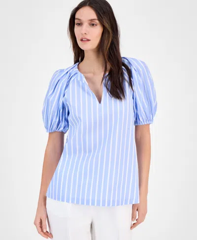 Anne Klein Women's Cotton Poplin Striped Puff-sleeve Blouse In Surf Blue,bright White