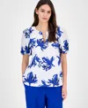 Anne Klein Women's Cotton Printed Puff-sleeve Blouse, Created For Macy's In Bright White,santorini Blue