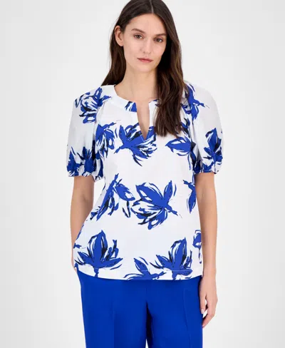 Anne Klein Women's Cotton Printed Puff-sleeve Blouse, Created For Macy's In Bright White,santorini Blue