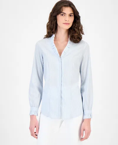 Anne Klein Women's Cotton Ruffled-collar Blouse In Blue